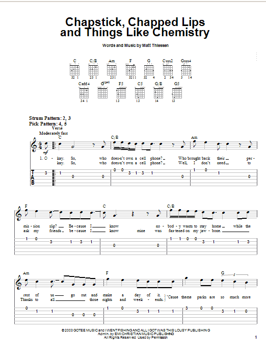 Relient K Chapstick, Chapped Lips And Things Like Chemistry Sheet Music Notes & Chords for Easy Guitar Tab - Download or Print PDF
