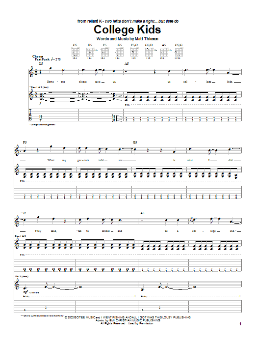 Relient K College Kids Sheet Music Notes & Chords for Guitar Tab - Download or Print PDF Relient K College Kids Sheet Music Notes & Chords for Guitar Tab - Download or Print PDF