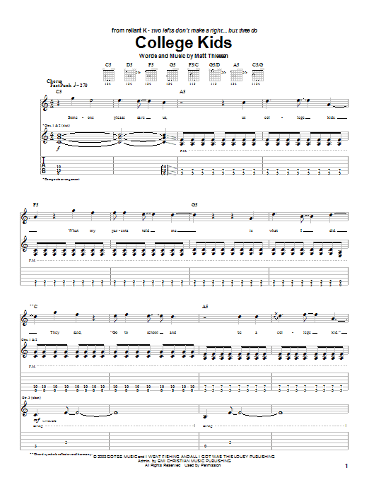 Relient K College Kids Sheet Music Notes & Chords for Guitar Tab - Download or Print PDF
