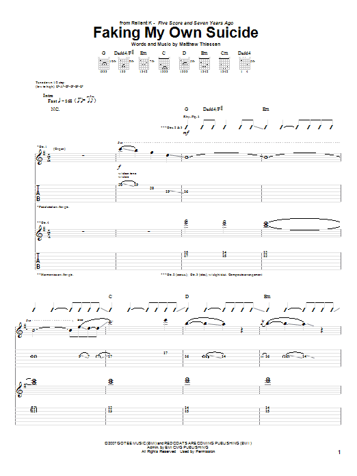 Relient K Faking My Own Suicide Sheet Music Notes & Chords for Guitar Tab - Download or Print PDF