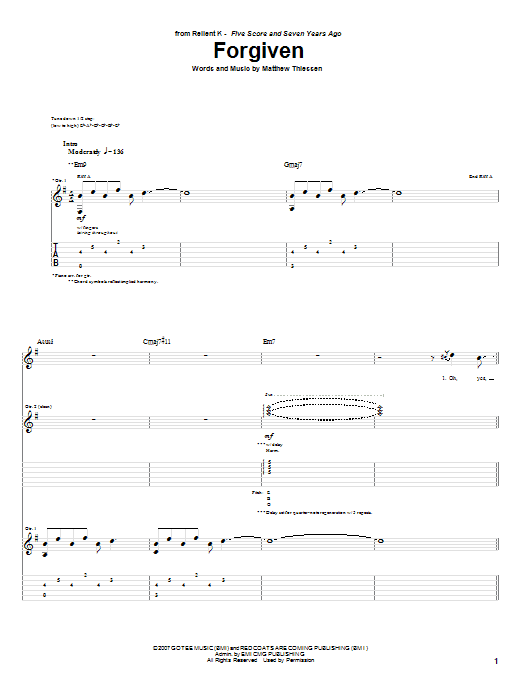 Relient K Forgiven Sheet Music Notes & Chords for Easy Guitar Tab - Download or Print PDF