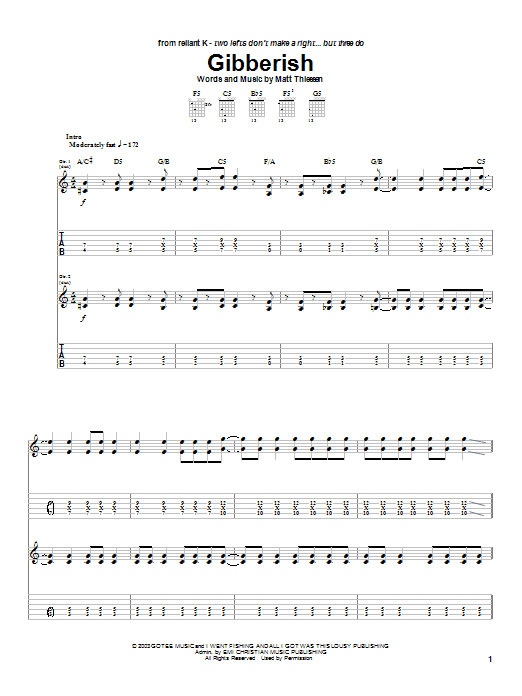 Relient K Gibberish Sheet Music Notes & Chords for Guitar Tab - Download or Print PDF