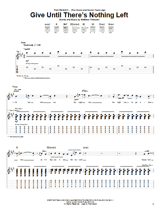 Relient K Give Until There's Nothing Left Sheet Music Notes & Chords for Piano, Vocal & Guitar (Right-Hand Melody) - Download or Print PDF