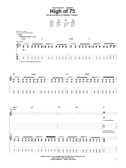 Relient K High Of 75 Sheet Music Notes & Chords for Guitar Tab - Download or Print PDF Relient K High Of 75 Sheet Music Notes & Chords for Guitar Tab - Download or Print PDF
