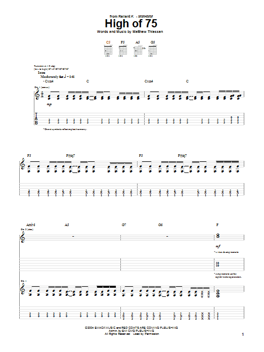 Relient K High Of 75 Sheet Music Notes & Chords for Guitar Tab - Download or Print PDF