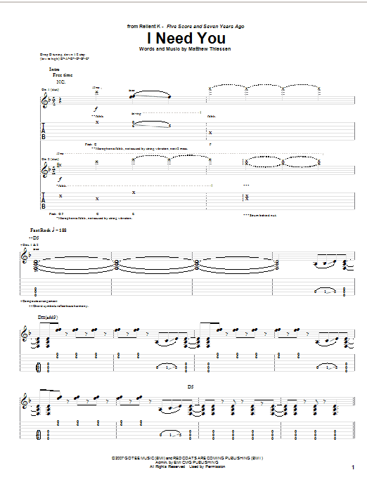 Relient K I Need You Sheet Music Notes & Chords for Easy Guitar Tab - Download or Print PDF