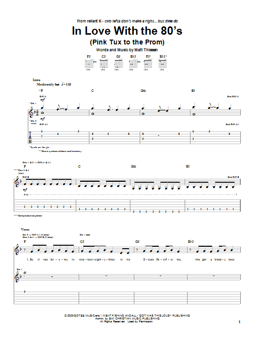 Relient K In Love With The 80's (Pink Tux To The Prom) Sheet Music Notes & Chords for Guitar Tab - Download or Print PDF