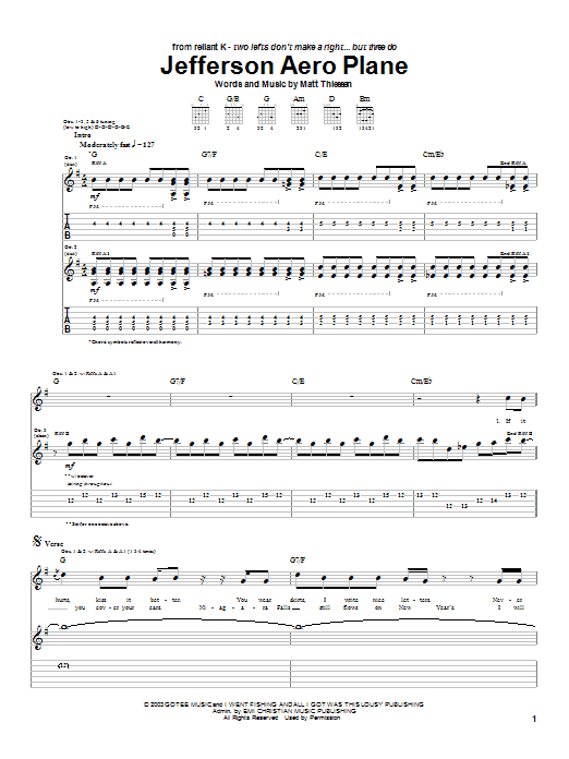 Relient K Jefferson Aero Plane Sheet Music Notes & Chords for Guitar Tab - Download or Print PDF