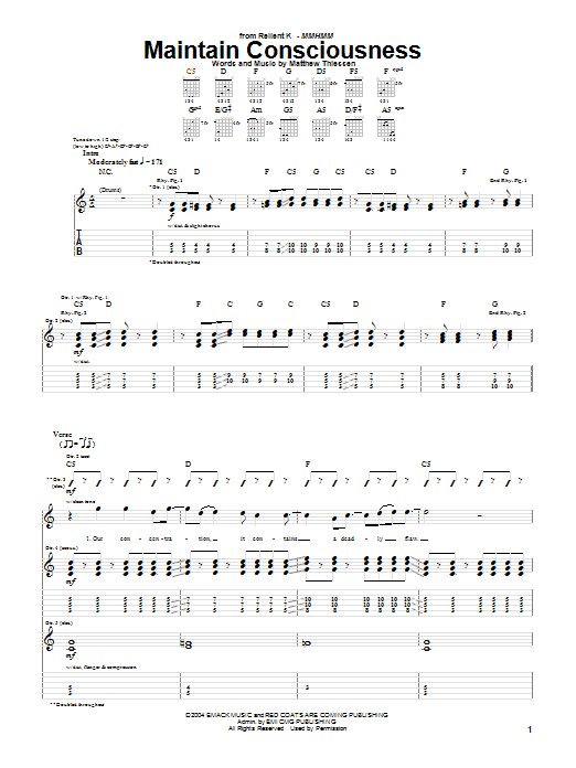 Relient K Maintain Consciousness Sheet Music Notes & Chords for Guitar Tab - Download or Print PDF