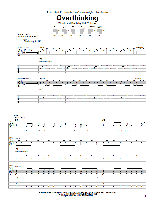 Relient K Overthinking Sheet Music Notes & Chords for Guitar Tab - Download or Print PDF Relient K Overthinking Sheet Music Notes & Chords for Guitar Tab - Download or Print PDF