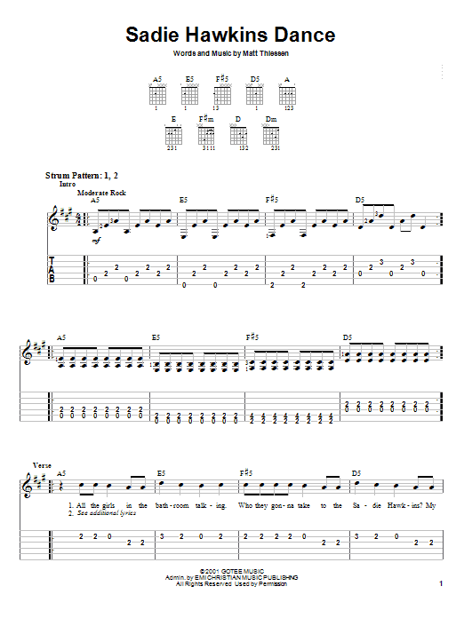 Relient K Sadie Hawkins Dance Sheet Music Notes & Chords for Easy Guitar Tab - Download or Print PDF