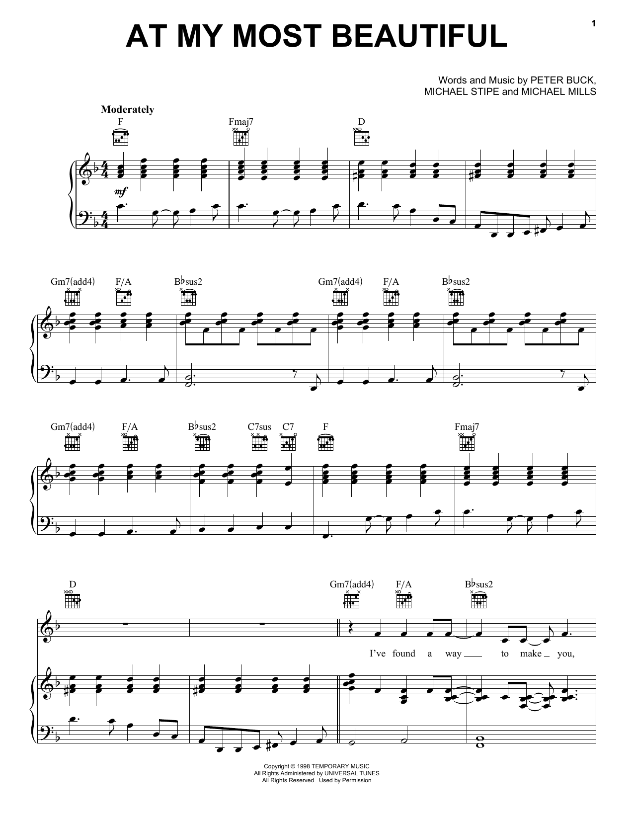 R.E.M. At My Most Beautiful Sheet Music Notes & Chords for Piano, Vocal & Guitar (Right-Hand Melody) - Download or Print PDF