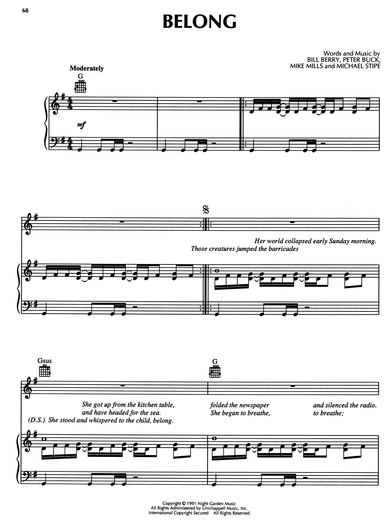 R.E.M. Belong Sheet Music Notes & Chords for Piano, Vocal & Guitar (Right-Hand Melody) - Download or Print PDF