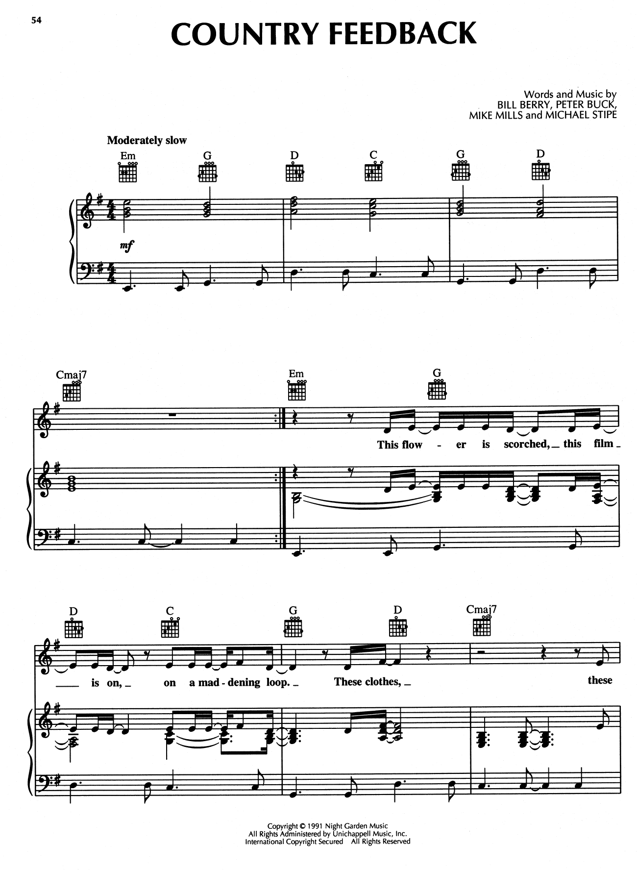 R.E.M. Country Feedback Sheet Music Notes & Chords for Piano, Vocal & Guitar (Right-Hand Melody) - Download or Print PDF