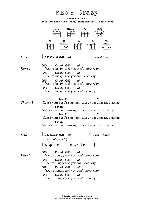 R.E.M. Crazy Sheet Music Notes & Chords for Lyrics & Chords - Download or Print PDF