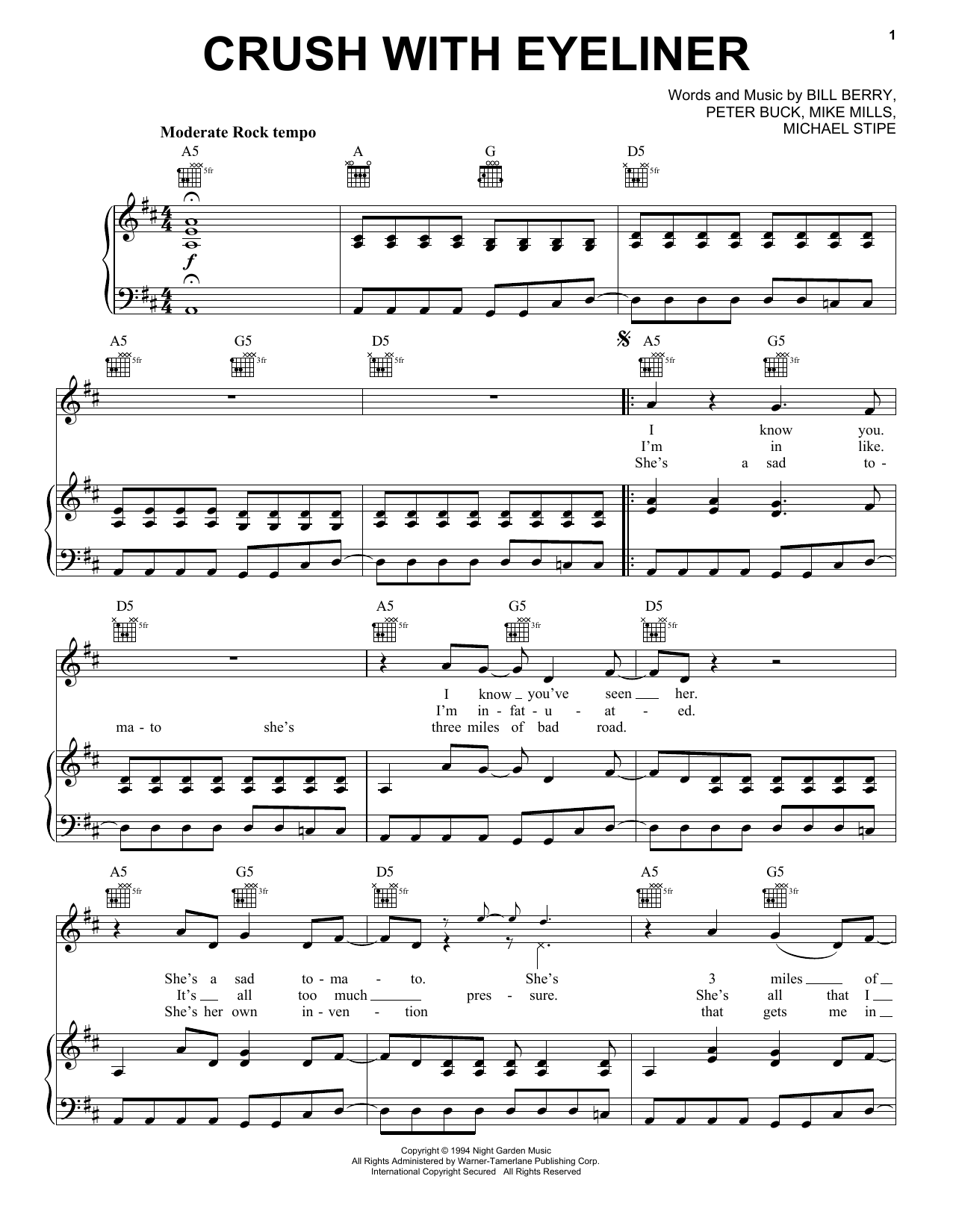 R.E.M. Crush With Eyeliner Sheet Music Notes & Chords for Piano, Vocal & Guitar (Right-Hand Melody) - Download or Print PDF