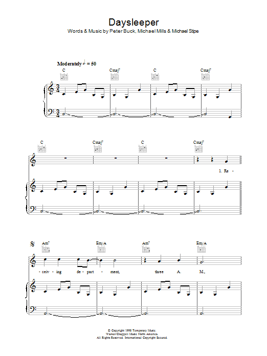 R.E.M. Daysleeper Sheet Music Notes & Chords for Piano, Vocal & Guitar - Download or Print PDF