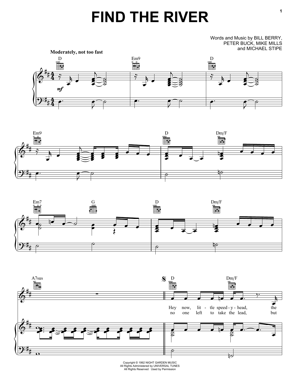 R.E.M. Find The River Sheet Music Notes & Chords for Piano, Vocal & Guitar (Right-Hand Melody) - Download or Print PDF