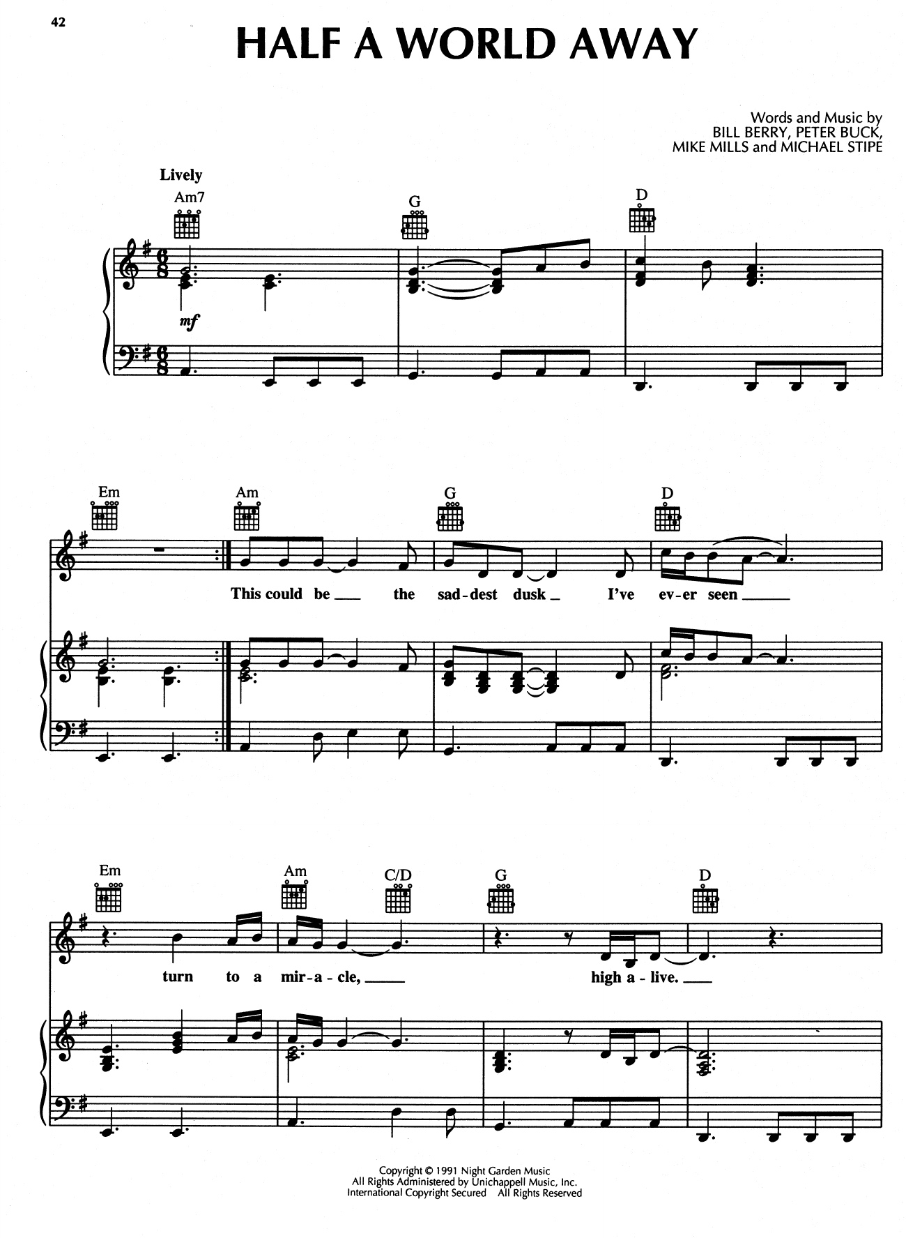 R.E.M. Half A World Away Sheet Music Notes & Chords for Piano, Vocal & Guitar (Right-Hand Melody) - Download or Print PDF
