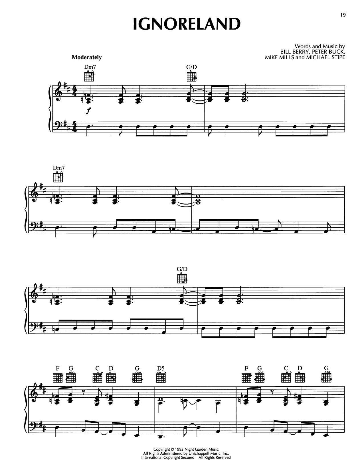 R.E.M. Ignoreland Sheet Music Notes & Chords for Piano, Vocal & Guitar Chords (Right-Hand Melody) - Download or Print PDF