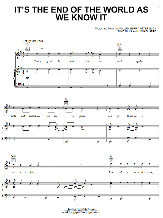 R.E.M. It's The End Of The World As We Know It Sheet Music Notes & Chords for Piano, Vocal & Guitar (Right-Hand Melody) - Download or Print PDF