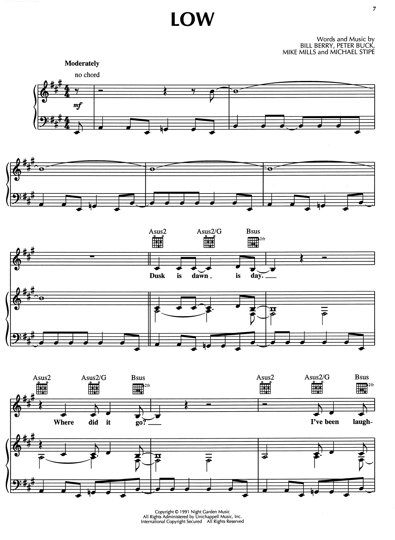 R.E.M. Low Sheet Music Notes & Chords for Piano, Vocal & Guitar (Right-Hand Melody) - Download or Print PDF