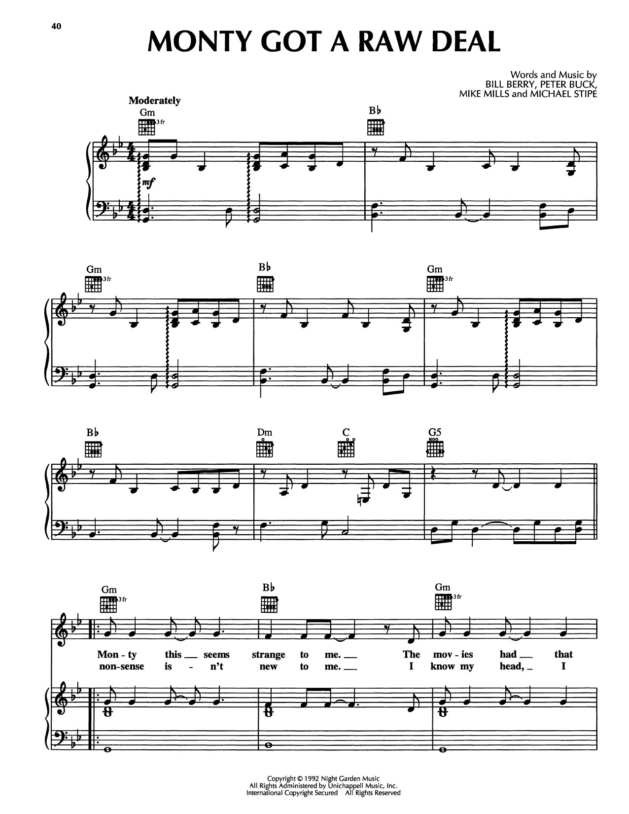 R.E.M. Monty Got A Raw Deal Sheet Music Notes & Chords for Piano, Vocal & Guitar Chords (Right-Hand Melody) - Download or Print PDF
