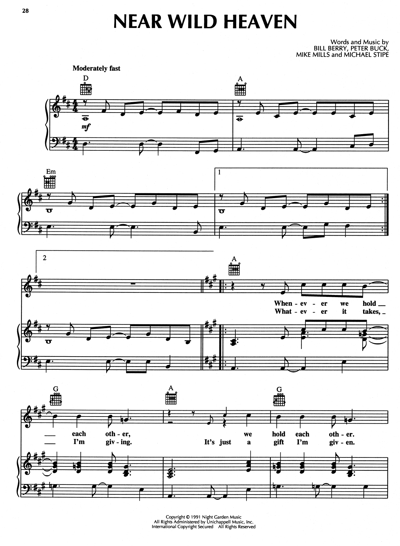 R.E.M. Near Wild Heaven Sheet Music Notes & Chords for Piano, Vocal & Guitar (Right-Hand Melody) - Download or Print PDF