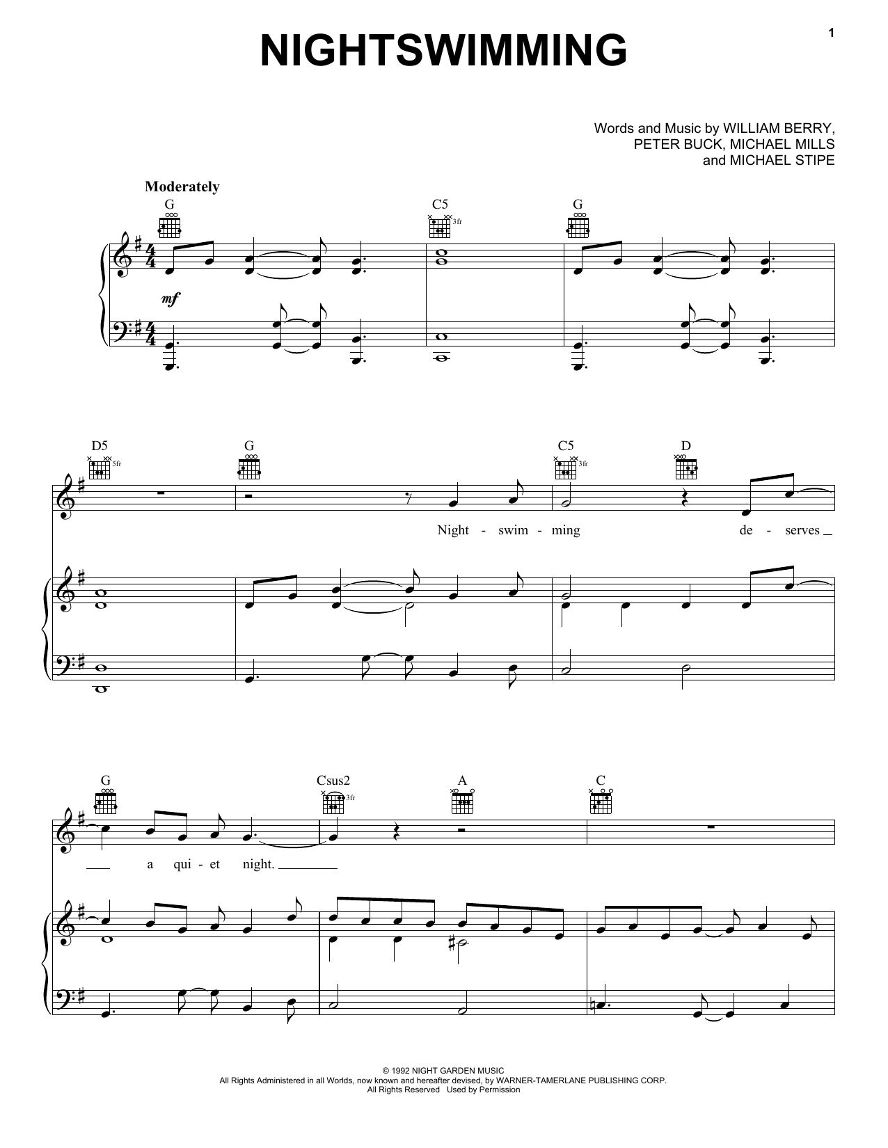 R.E.M. Nightswimming Sheet Music Notes & Chords for Piano, Vocal & Guitar (Right-Hand Melody) - Download or Print PDF