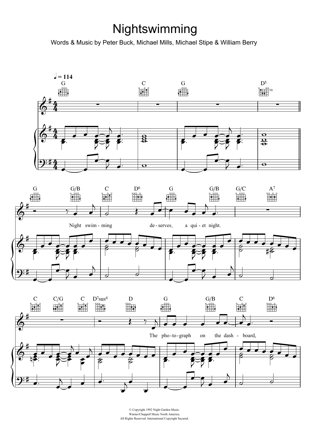 R.E.M. Nightswimming Sheet Music Notes & Chords for Piano, Vocal & Guitar - Download or Print PDF