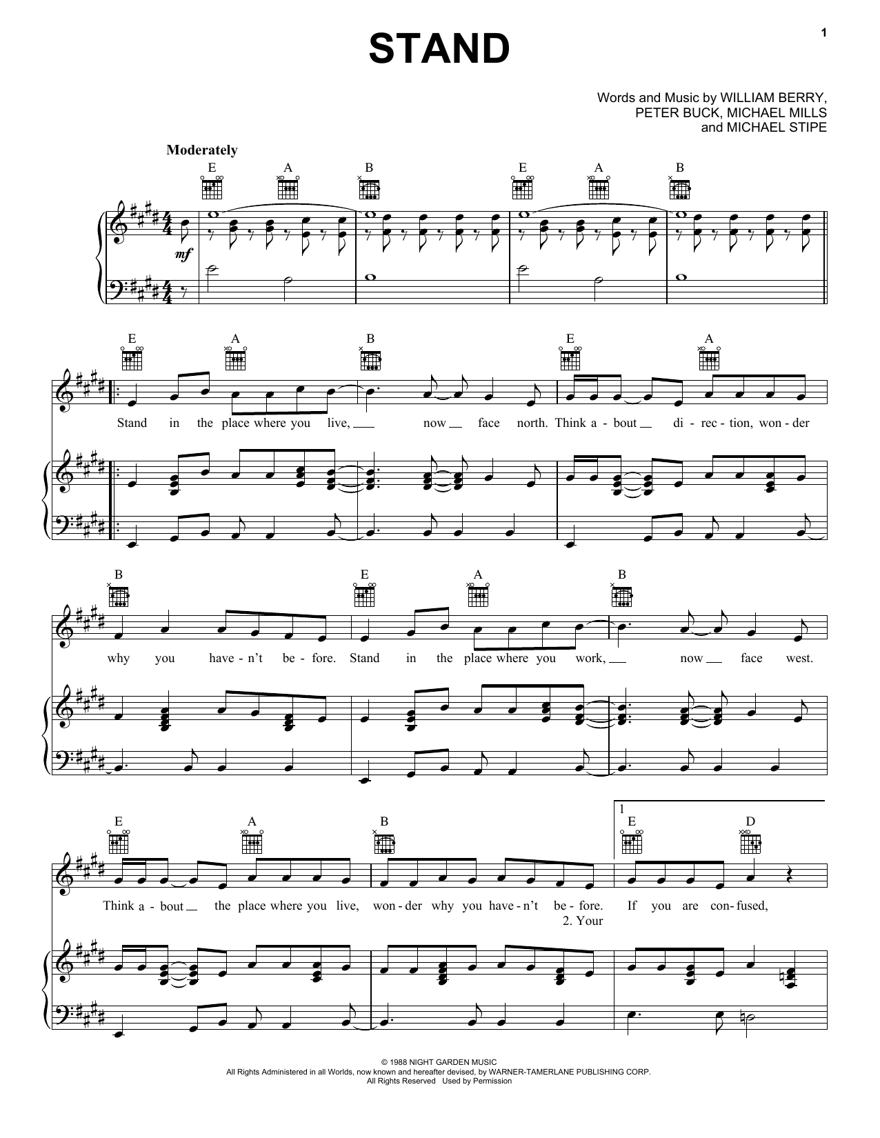R.E.M. Stand Sheet Music Notes & Chords for Piano, Vocal & Guitar (Right-Hand Melody) - Download or Print PDF