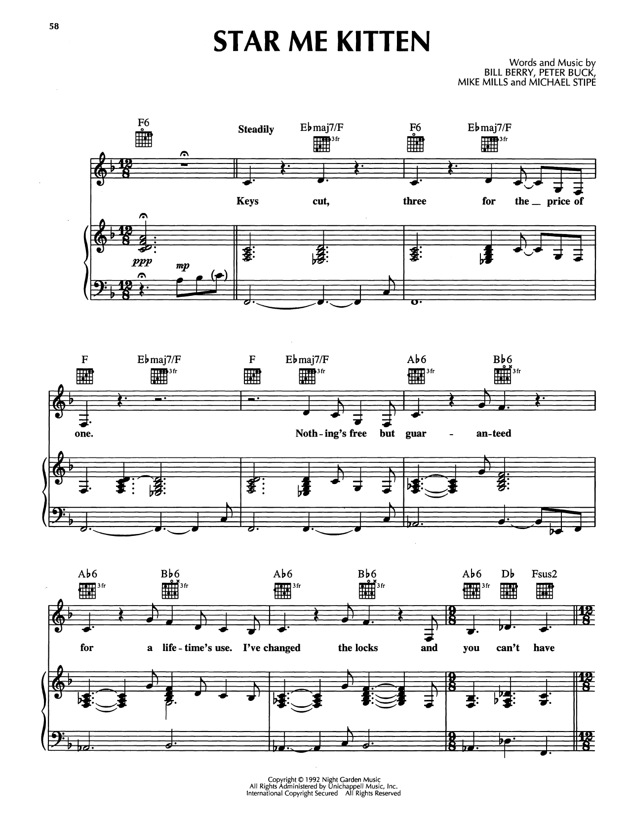 R.E.M. Star Me Kitten Sheet Music Notes & Chords for Piano, Vocal & Guitar Chords (Right-Hand Melody) - Download or Print PDF