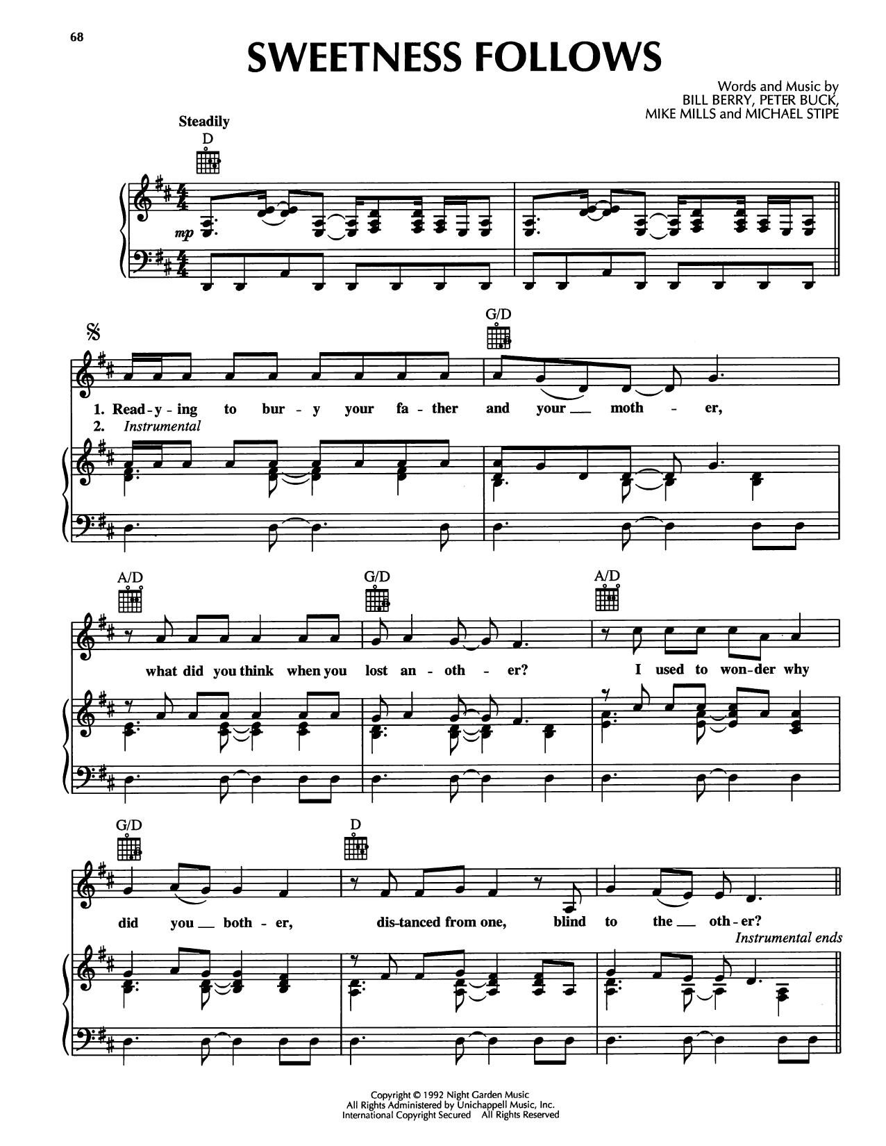 R.E.M. Sweetness Follows Sheet Music Notes & Chords for Piano, Vocal & Guitar Chords (Right-Hand Melody) - Download or Print PDF