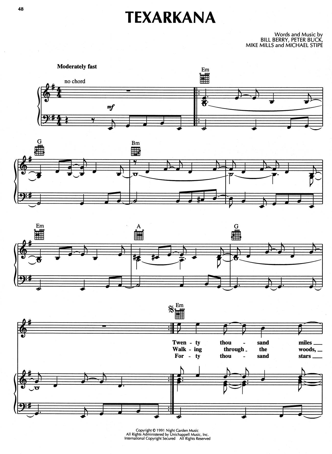 R.E.M. Texarkana Sheet Music Notes & Chords for Piano, Vocal & Guitar (Right-Hand Melody) - Download or Print PDF