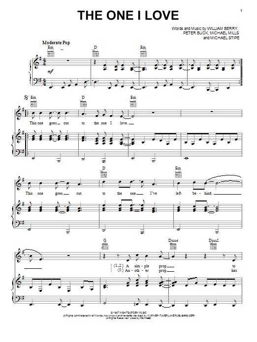 R.E.M. The One I Love Sheet Music Notes & Chords for Lyrics & Chords - Download or Print PDF