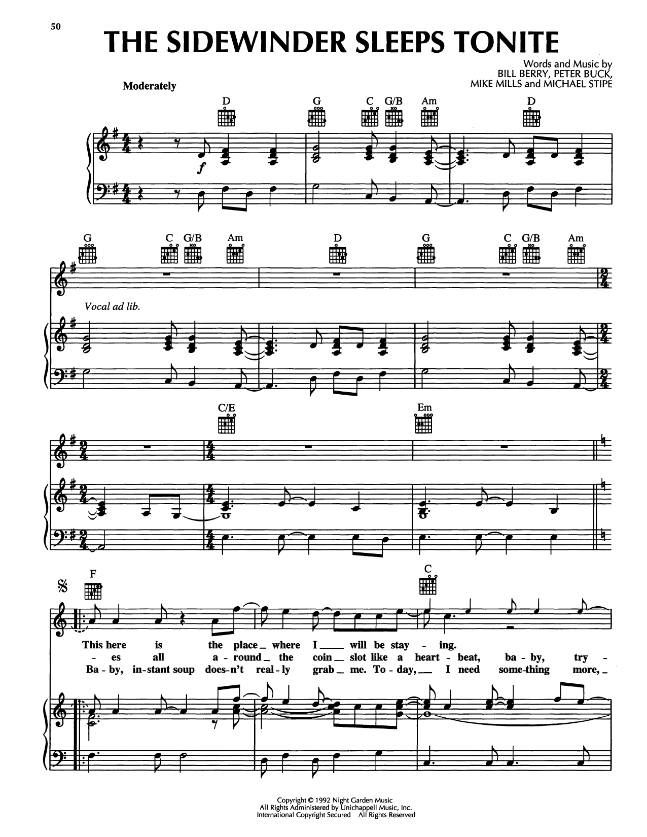 R.E.M. The Sidewinder Sleeps Tonite Sheet Music Notes & Chords for Piano, Vocal & Guitar Chords (Right-Hand Melody) - Download or Print PDF