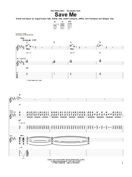 Remy Zero Save Me Sheet Music Notes & Chords for Guitar Tab - Download or Print PDF