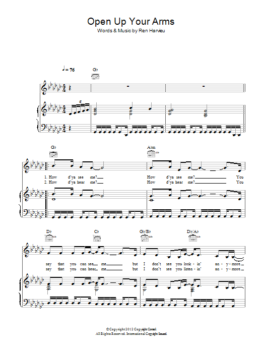 Ren Harvieu Open Up Your Arms Sheet Music Notes & Chords for Piano, Vocal & Guitar (Right-Hand Melody) - Download or Print PDF