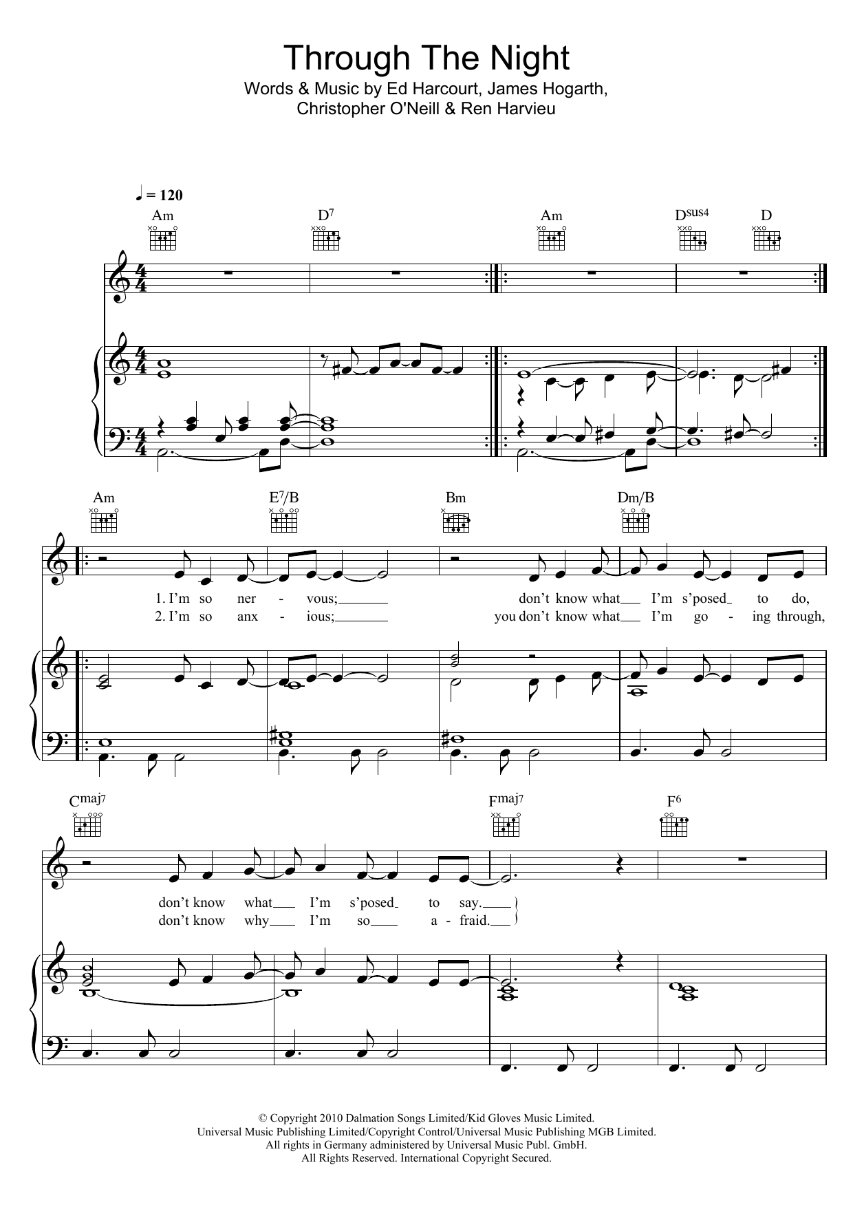 Ren Harvieu Through The Night Sheet Music Notes & Chords for Piano, Vocal & Guitar (Right-Hand Melody) - Download or Print PDF