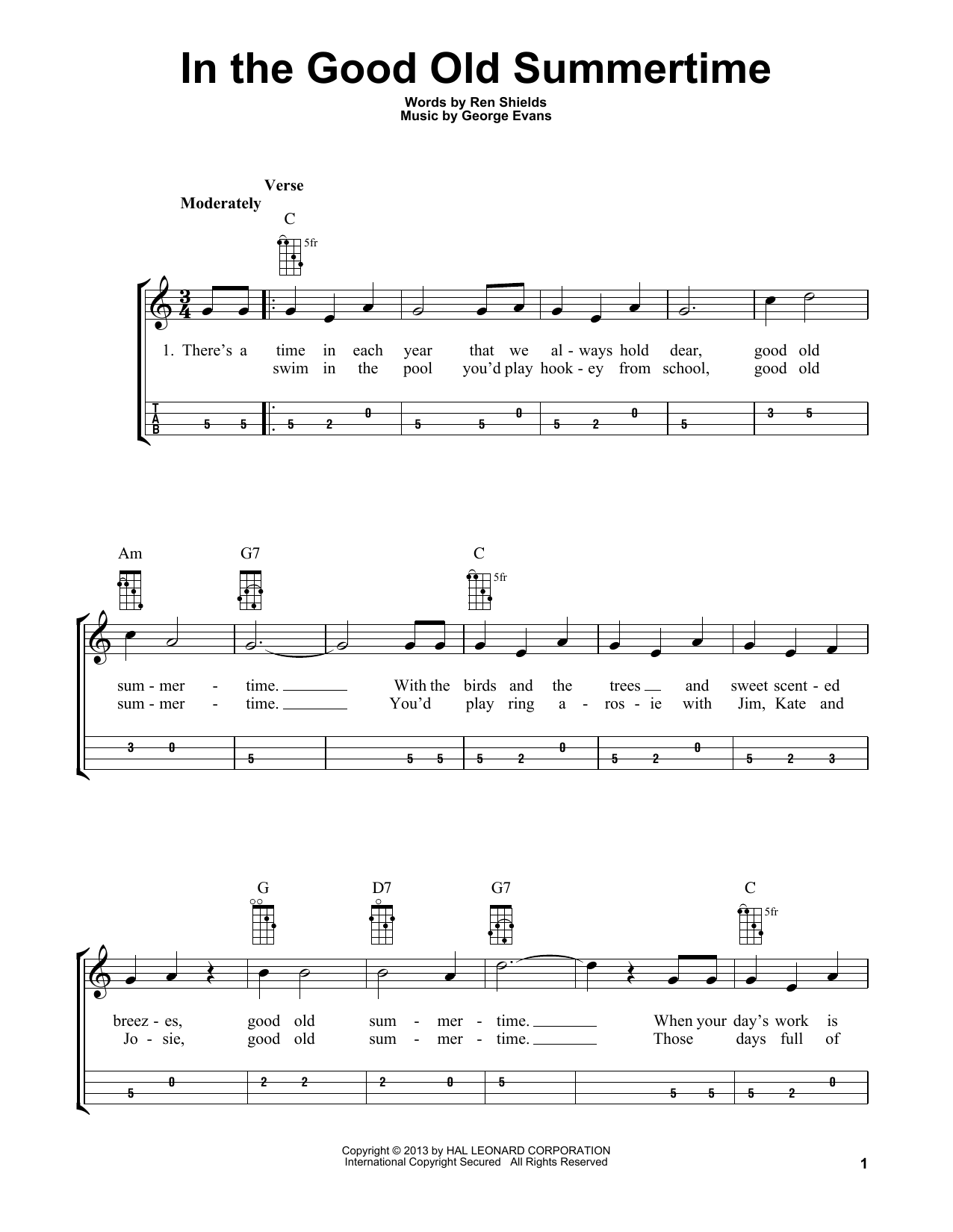 Ren Shields and George Evans In The Good Old Summertime (arr. Bobby Westfall) Sheet Music Notes & Chords for Mandolin - Download or Print PDF