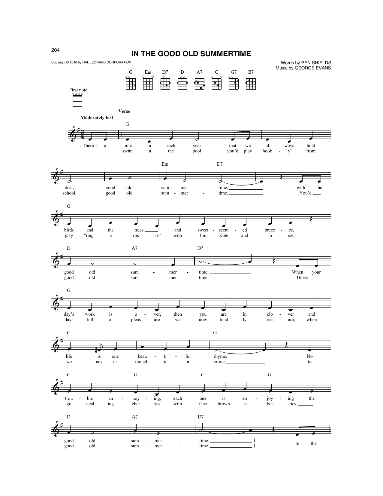 Ren Shields and George Evans In The Good Old Summertime Sheet Music Notes & Chords for Mandolin - Download or Print PDF