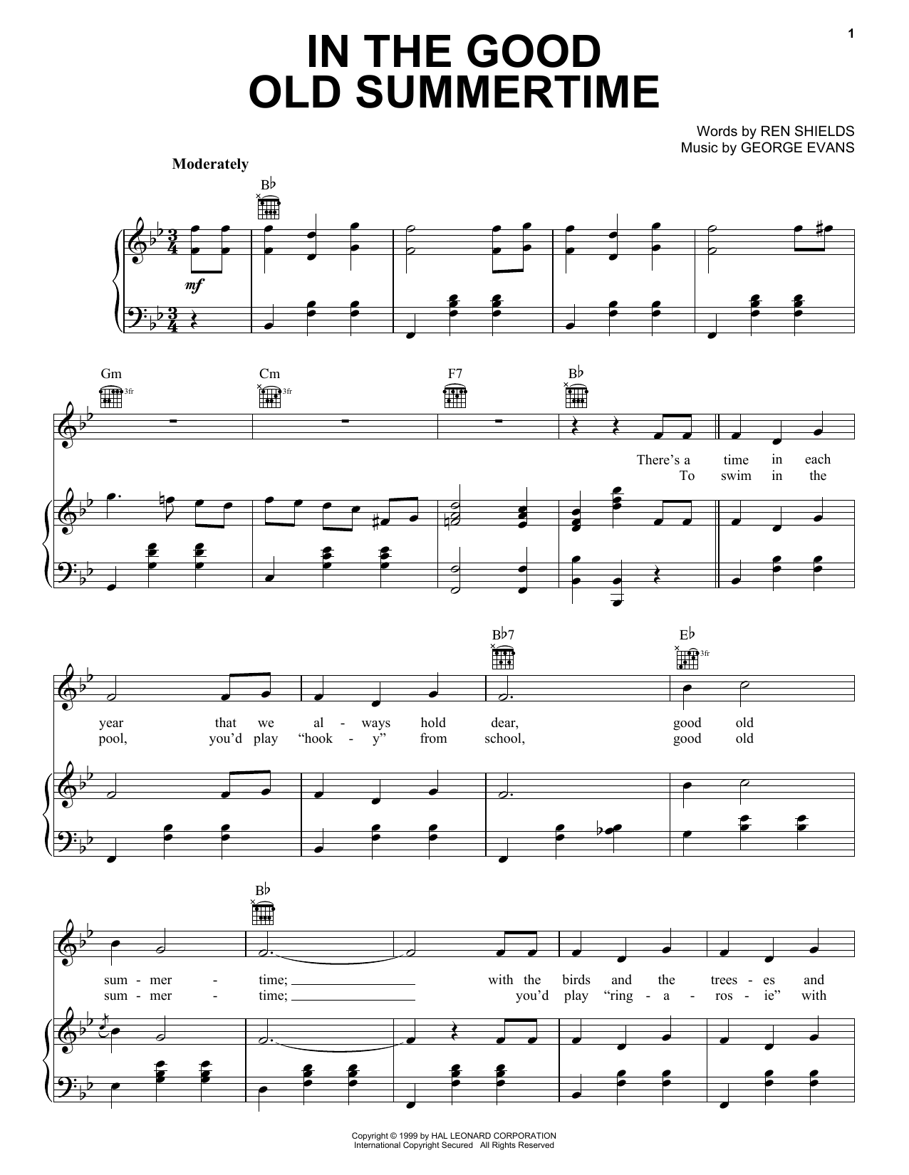 Ren Shields and George Evans In The Good Old Summertime Sheet Music Notes & Chords for Melody Line, Lyrics & Chords - Download or Print PDF