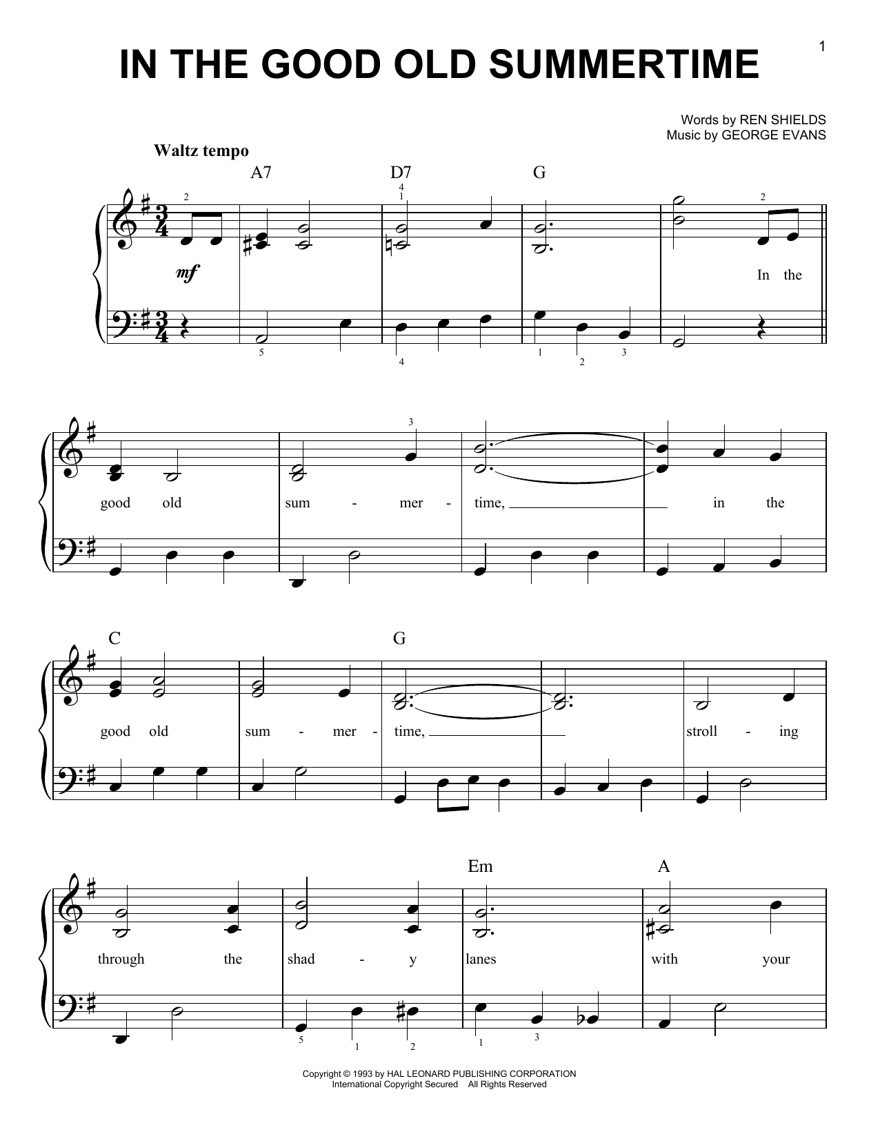 Ren Shields In The Good Old Summertime Sheet Music Notes & Chords for Lyrics & Chords - Download or Print PDF