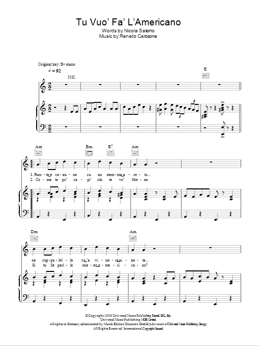 Renato Carosone Tu Vuo Fa L'Americano Sheet Music Notes & Chords for Piano, Vocal & Guitar (Right-Hand Melody) - Download or Print PDF