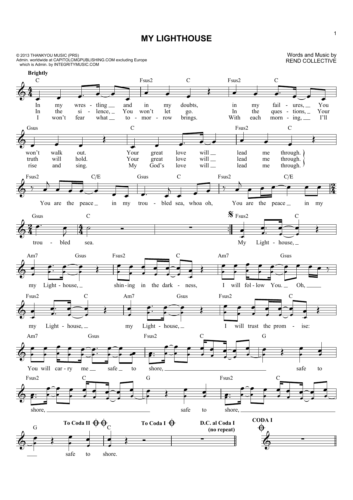Rend Collective My Lighthouse Sheet Music Notes & Chords for Lead Sheet / Fake Book - Download or Print PDF