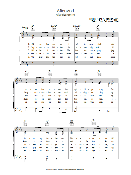 René A. Jensen Aftenvind - Afsvales Gerne Sheet Music Notes & Chords for Piano, Vocal & Guitar (Right-Hand Melody) - Download or Print PDF