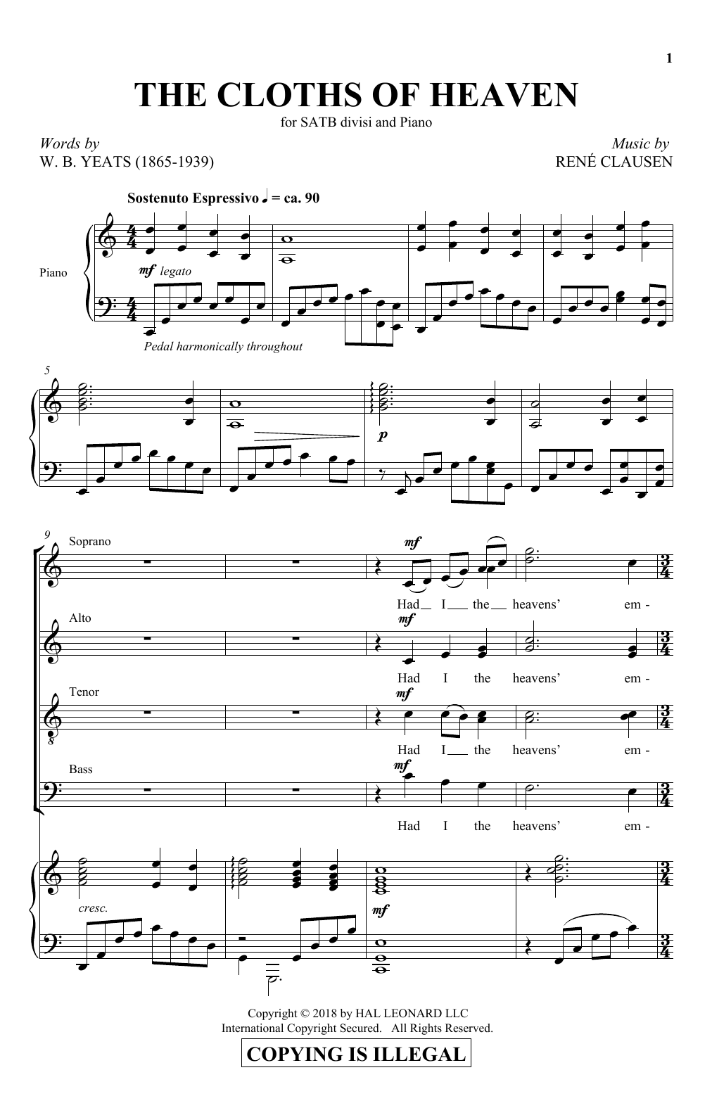 Rene Clausen The Cloths Of Heaven Sheet Music Notes & Chords for SATB Choir - Download or Print PDF