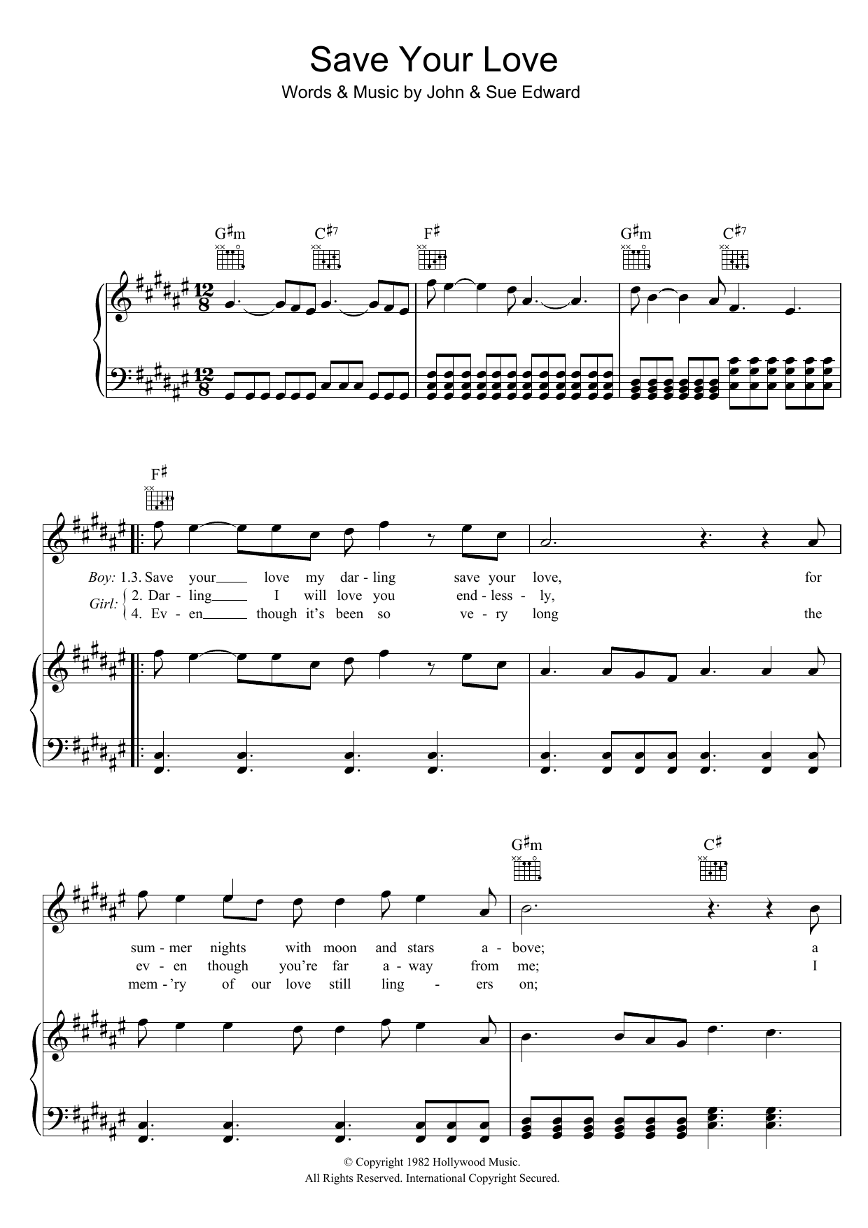 Renée and Renato Save Your Love Sheet Music Notes & Chords for Piano, Vocal & Guitar (Right-Hand Melody) - Download or Print PDF