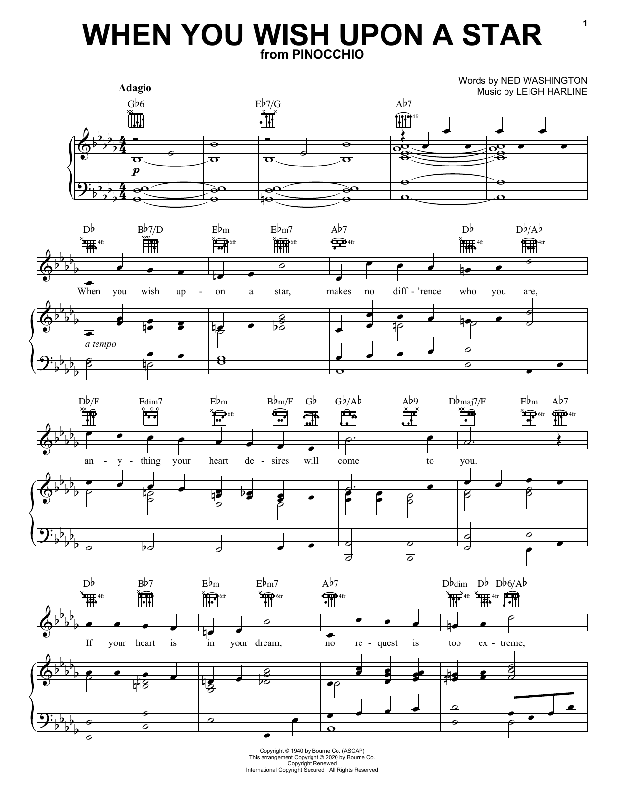 Renée Fleming When You Wish Upon A Star (from Pinocchio) [Classical version] Sheet Music Notes & Chords for Piano, Vocal & Guitar (Right-Hand Melody) - Download or Print PDF
