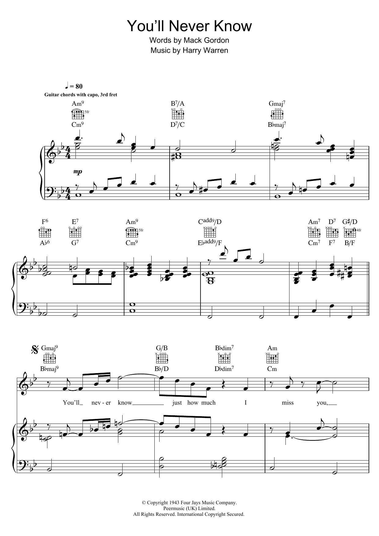 Renée Fleming You'll Never Know (from The Shape of Water) Sheet Music Notes & Chords for Piano, Vocal & Guitar (Right-Hand Melody) - Download or Print PDF